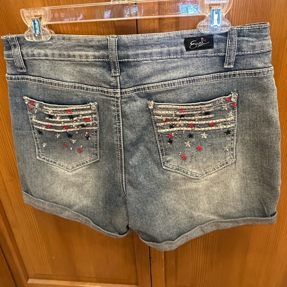 Earl Jean Women’s July 4th Bling Blue Denim Rolled Cuff Shorts